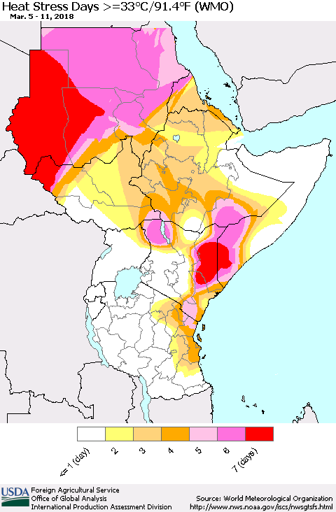 Eastern Africa Heat Stress Days >=35°C/95°F (WMO) Thematic Map For 3/5/2018 - 3/11/2018