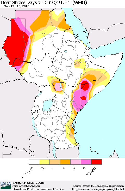 Eastern Africa Heat Stress Days >=35°C/95°F (WMO) Thematic Map For 3/12/2018 - 3/18/2018