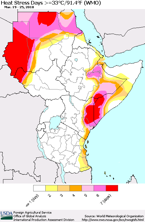 Eastern Africa Heat Stress Days >=35°C/95°F (WMO) Thematic Map For 3/19/2018 - 3/25/2018
