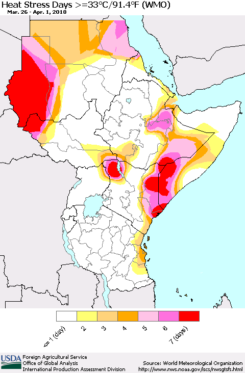 Eastern Africa Heat Stress Days >=35°C/95°F (WMO) Thematic Map For 3/26/2018 - 4/1/2018