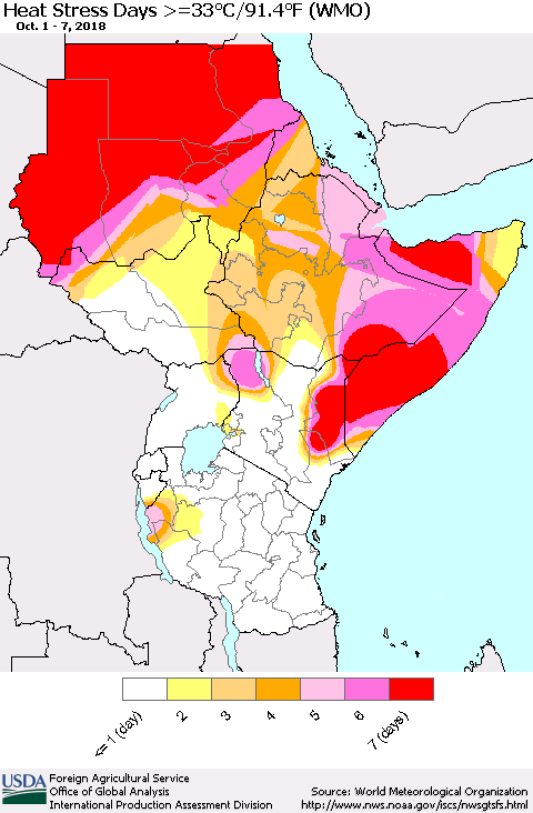 Eastern Africa Heat Stress Days >=35°C/95°F (WMO) Thematic Map For 10/1/2018 - 10/7/2018