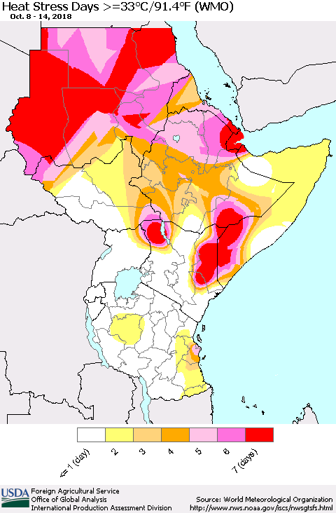 Eastern Africa Heat Stress Days >=35°C/95°F (WMO) Thematic Map For 10/8/2018 - 10/14/2018