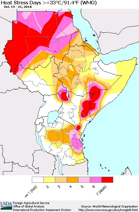 Eastern Africa Heat Stress Days >=35°C/95°F (WMO) Thematic Map For 10/15/2018 - 10/21/2018