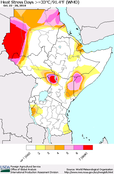 Eastern Africa Heat Stress Days >=35°C/95°F (WMO) Thematic Map For 10/22/2018 - 10/28/2018