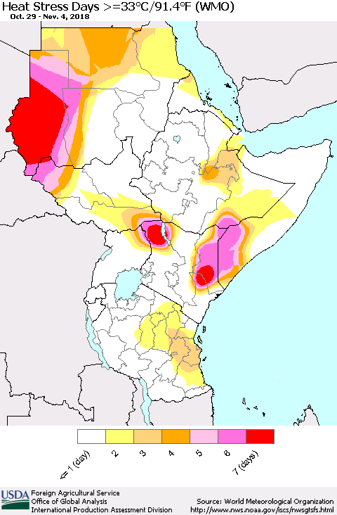 Eastern Africa Heat Stress Days >=35°C/95°F (WMO) Thematic Map For 10/29/2018 - 11/4/2018