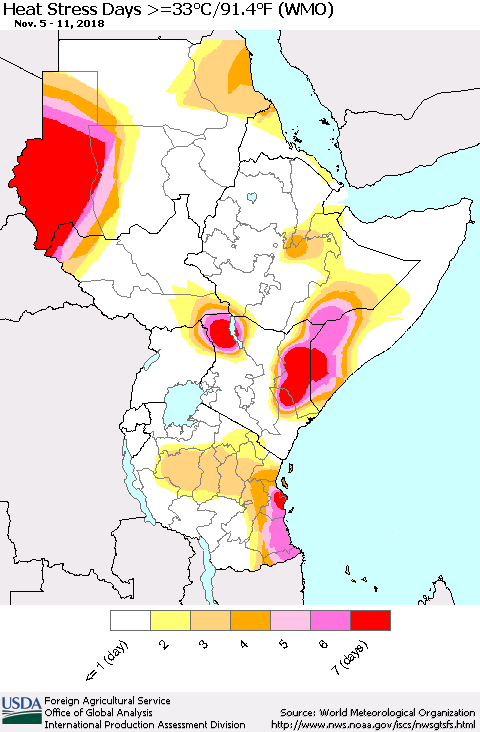 Eastern Africa Heat Stress Days >=35°C/95°F (WMO) Thematic Map For 11/5/2018 - 11/11/2018