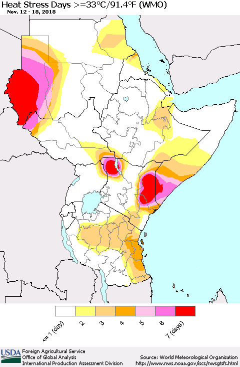 Eastern Africa Heat Stress Days >=35°C/95°F (WMO) Thematic Map For 11/12/2018 - 11/18/2018