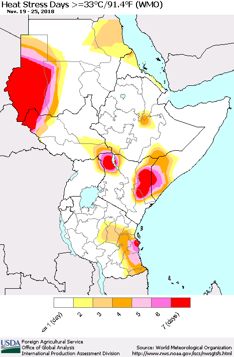 Eastern Africa Heat Stress Days >=35°C/95°F (WMO) Thematic Map For 11/19/2018 - 11/25/2018