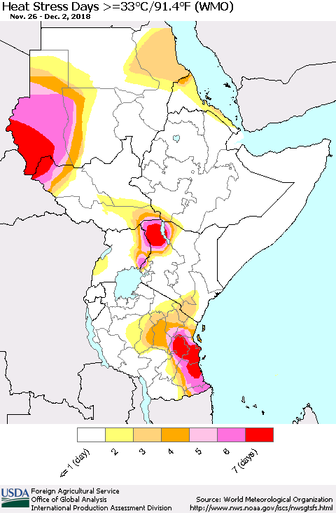 Eastern Africa Heat Stress Days >=35°C/95°F (WMO) Thematic Map For 11/26/2018 - 12/2/2018