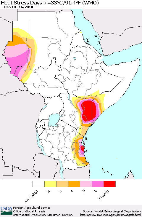 Eastern Africa Heat Stress Days >=35°C/95°F (WMO) Thematic Map For 12/10/2018 - 12/16/2018