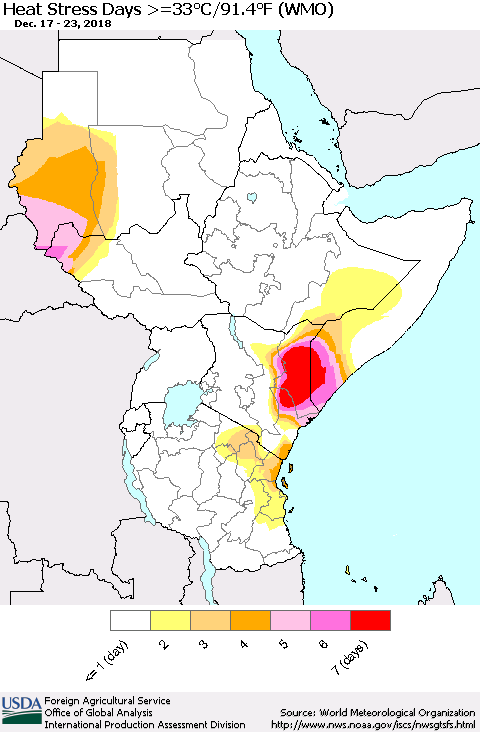 Eastern Africa Heat Stress Days >=35°C/95°F (WMO) Thematic Map For 12/17/2018 - 12/23/2018