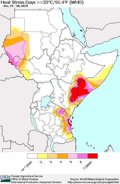 Eastern Africa Heat Stress Days >=35°C/95°F (WMO) Thematic Map For 12/24/2018 - 12/30/2018