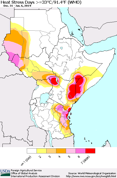 Eastern Africa Heat Stress Days >=35°C/95°F (WMO) Thematic Map For 12/31/2018 - 1/6/2019