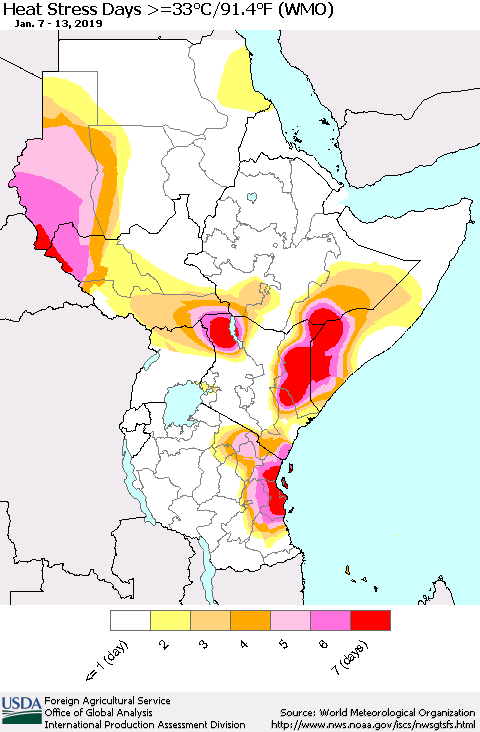 Eastern Africa Heat Stress Days >=35°C/95°F (WMO) Thematic Map For 1/7/2019 - 1/13/2019