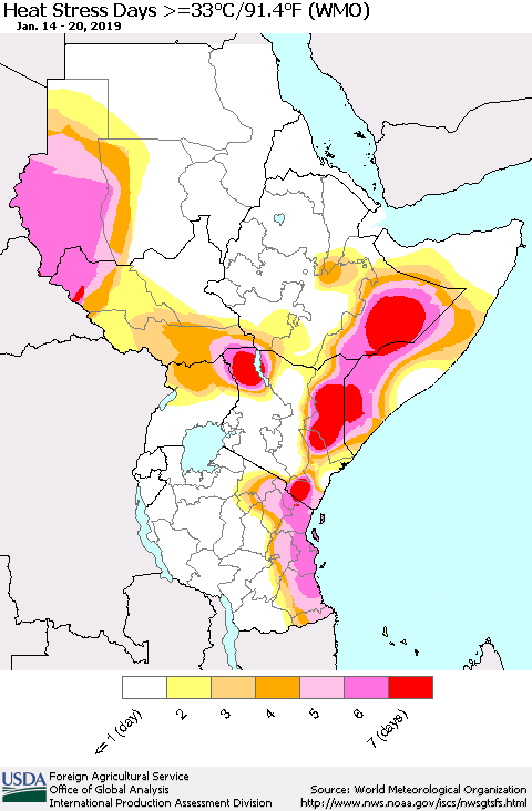 Eastern Africa Heat Stress Days >=35°C/95°F (WMO) Thematic Map For 1/14/2019 - 1/20/2019