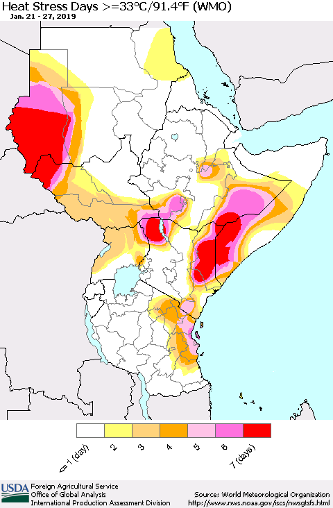 Eastern Africa Heat Stress Days >=35°C/95°F (WMO) Thematic Map For 1/21/2019 - 1/27/2019