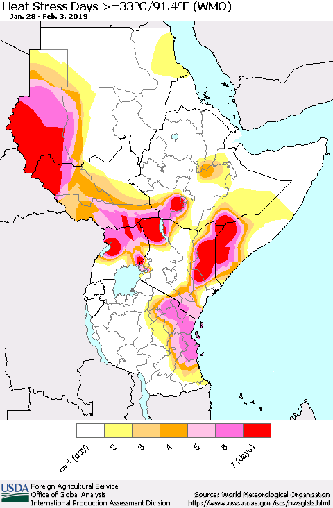 Eastern Africa Heat Stress Days >=35°C/95°F (WMO) Thematic Map For 1/28/2019 - 2/3/2019
