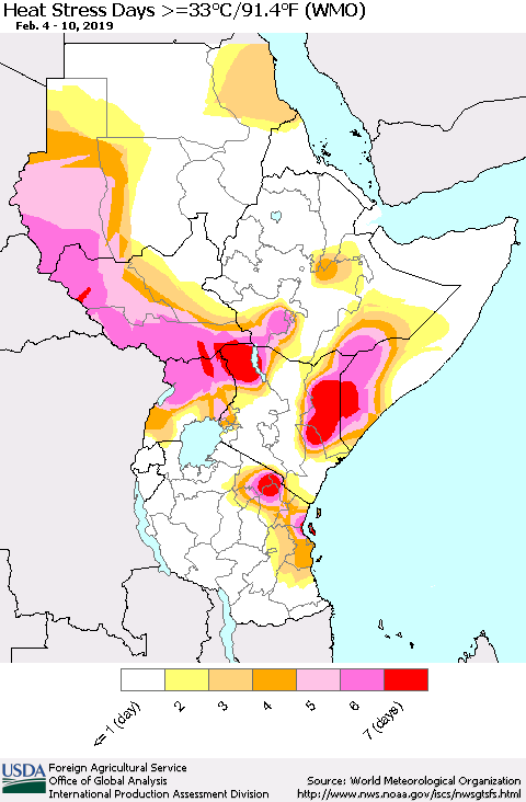 Eastern Africa Heat Stress Days >=35°C/95°F (WMO) Thematic Map For 2/4/2019 - 2/10/2019