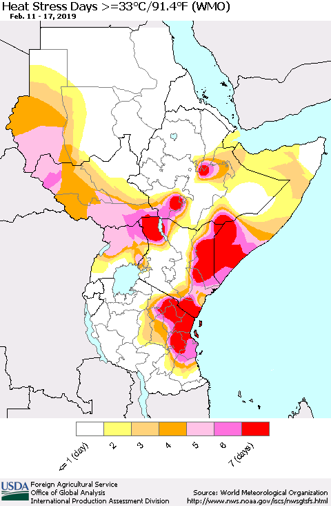 Eastern Africa Heat Stress Days >=35°C/95°F (WMO) Thematic Map For 2/11/2019 - 2/17/2019