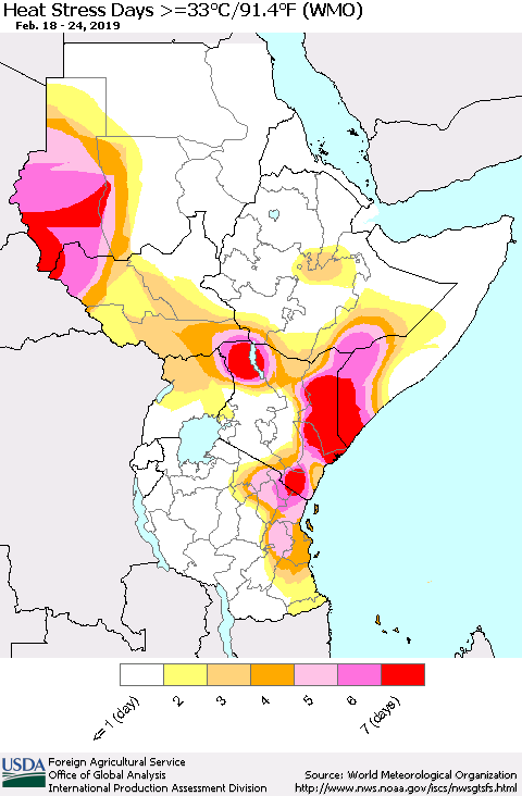 Eastern Africa Heat Stress Days >=35°C/95°F (WMO) Thematic Map For 2/18/2019 - 2/24/2019