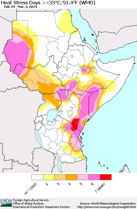 Eastern Africa Heat Stress Days >=35°C/95°F (WMO) Thematic Map For 2/25/2019 - 3/3/2019