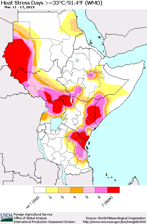 Eastern Africa Heat Stress Days >=35°C/95°F (WMO) Thematic Map For 3/11/2019 - 3/17/2019