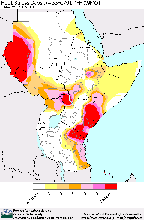 Eastern Africa Heat Stress Days >=35°C/95°F (WMO) Thematic Map For 3/25/2019 - 3/31/2019