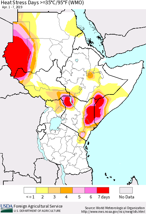 Eastern Africa Heat Stress Days >=35°C/95°F (WMO) Thematic Map For 4/1/2019 - 4/7/2019