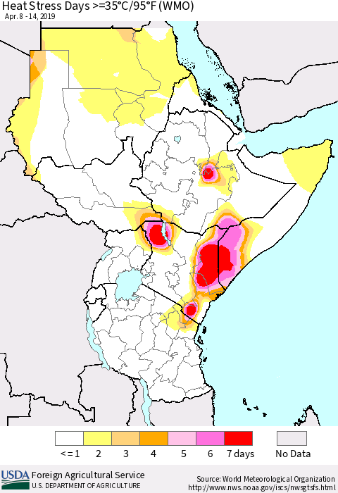 Eastern Africa Heat Stress Days >=35°C/95°F (WMO) Thematic Map For 4/8/2019 - 4/14/2019