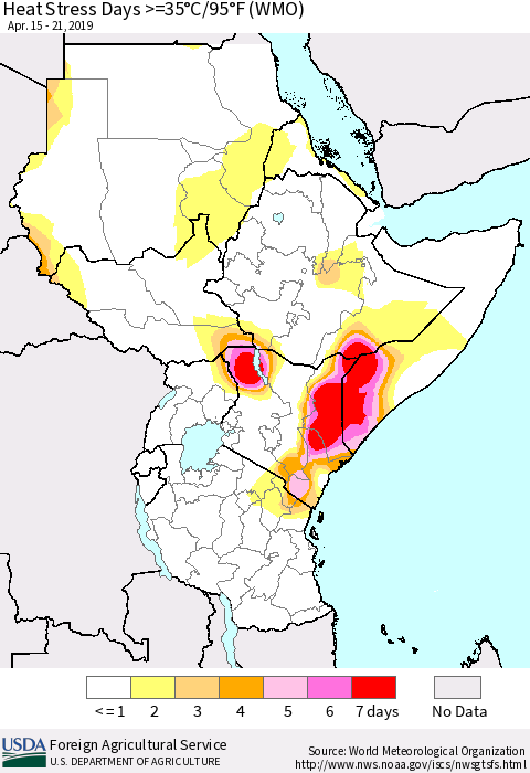 Eastern Africa Heat Stress Days >=35°C/95°F (WMO) Thematic Map For 4/15/2019 - 4/21/2019