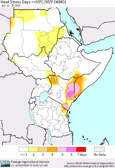 Eastern Africa Heat Stress Days >=35°C/95°F (WMO) Thematic Map For 4/22/2019 - 4/28/2019