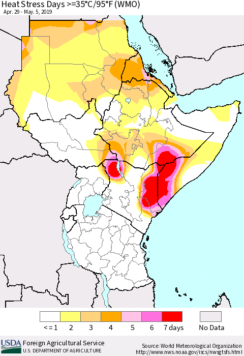 Eastern Africa Heat Stress Days >=35°C/95°F (WMO) Thematic Map For 4/29/2019 - 5/5/2019