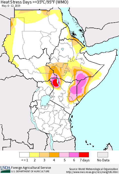 Eastern Africa Heat Stress Days >=35°C/95°F (WMO) Thematic Map For 5/6/2019 - 5/12/2019