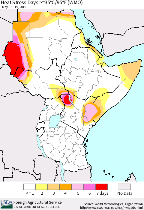 Eastern Africa Heat Stress Days >=35°C/95°F (WMO) Thematic Map For 5/13/2019 - 5/19/2019