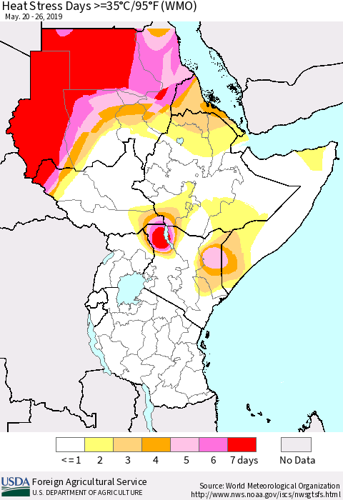 Eastern Africa Heat Stress Days >=35°C/95°F (WMO) Thematic Map For 5/20/2019 - 5/26/2019