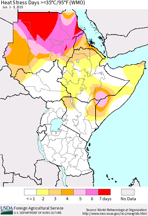 Eastern Africa Heat Stress Days >=35°C/95°F (WMO) Thematic Map For 6/3/2019 - 6/9/2019