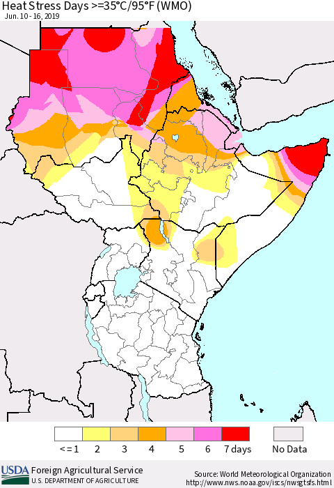 Eastern Africa Heat Stress Days >=35°C/95°F (WMO) Thematic Map For 6/10/2019 - 6/16/2019