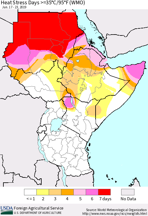 Eastern Africa Heat Stress Days >=35°C/95°F (WMO) Thematic Map For 6/17/2019 - 6/23/2019