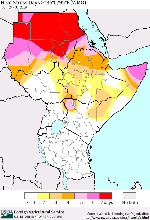 Eastern Africa Heat Stress Days >=35°C/95°F (WMO) Thematic Map For 6/24/2019 - 6/30/2019