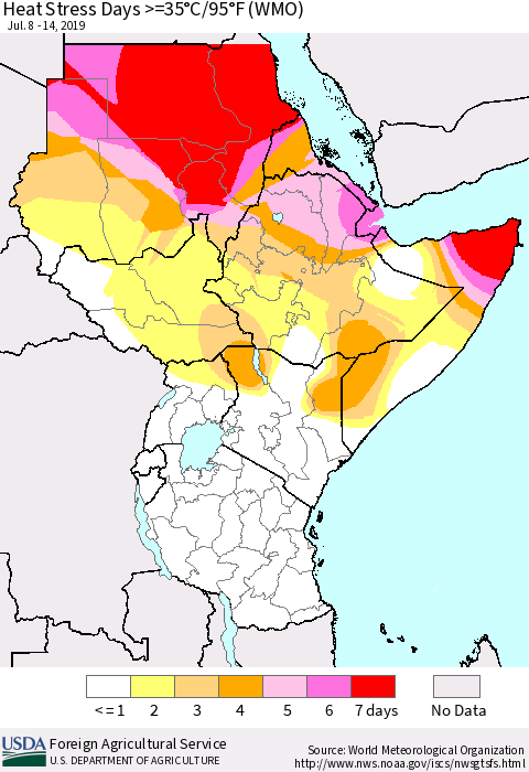 Eastern Africa Heat Stress Days >=35°C/95°F (WMO) Thematic Map For 7/8/2019 - 7/14/2019