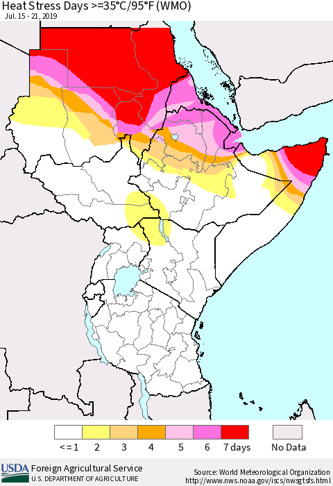 Eastern Africa Heat Stress Days >=35°C/95°F (WMO) Thematic Map For 7/15/2019 - 7/21/2019