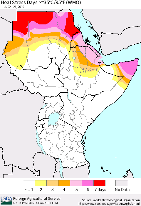 Eastern Africa Heat Stress Days >=35°C/95°F (WMO) Thematic Map For 7/22/2019 - 7/28/2019