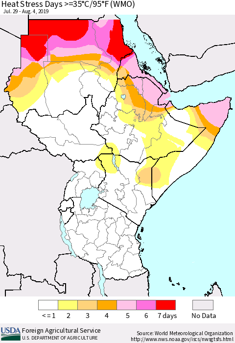 Eastern Africa Heat Stress Days >=35°C/95°F (WMO) Thematic Map For 7/29/2019 - 8/4/2019