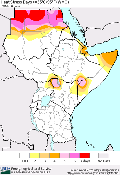 Eastern Africa Heat Stress Days >=35°C/95°F (WMO) Thematic Map For 8/5/2019 - 8/11/2019