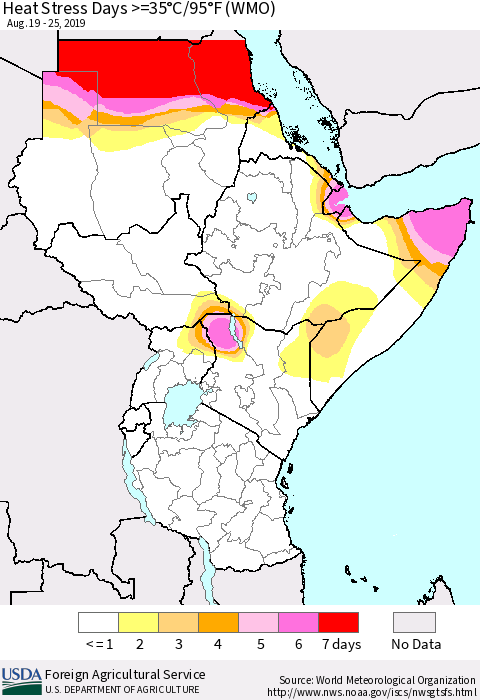 Eastern Africa Heat Stress Days >=35°C/95°F (WMO) Thematic Map For 8/19/2019 - 8/25/2019