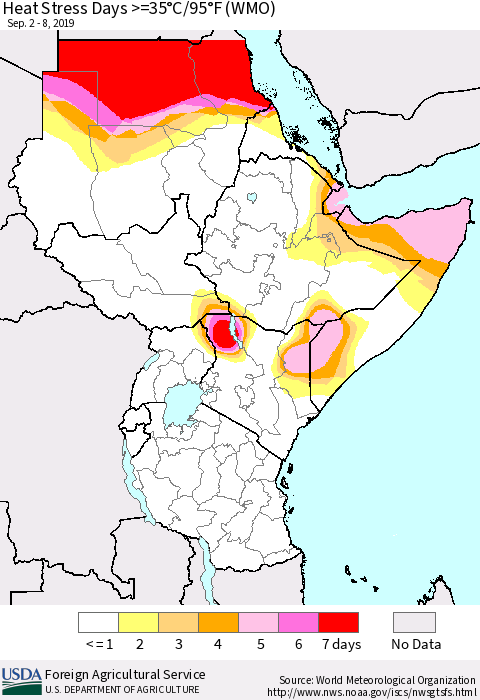 Eastern Africa Heat Stress Days >=35°C/95°F (WMO) Thematic Map For 9/2/2019 - 9/8/2019