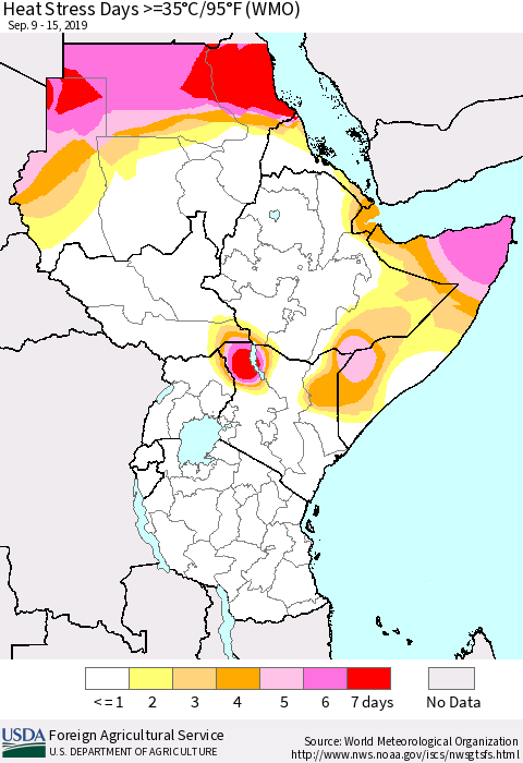 Eastern Africa Heat Stress Days >=35°C/95°F (WMO) Thematic Map For 9/9/2019 - 9/15/2019