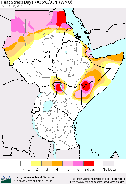 Eastern Africa Heat Stress Days >=35°C/95°F (WMO) Thematic Map For 9/16/2019 - 9/22/2019
