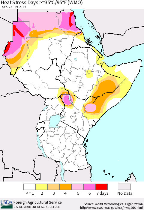 Eastern Africa Heat Stress Days >=35°C/95°F (WMO) Thematic Map For 9/23/2019 - 9/29/2019
