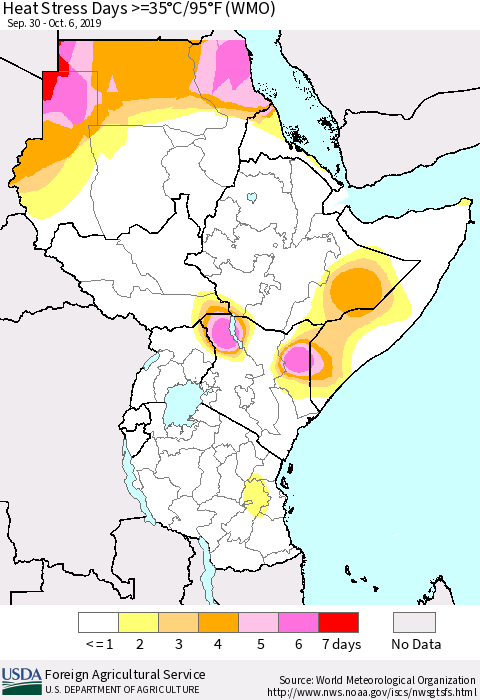 Eastern Africa Heat Stress Days >=35°C/95°F (WMO) Thematic Map For 9/30/2019 - 10/6/2019